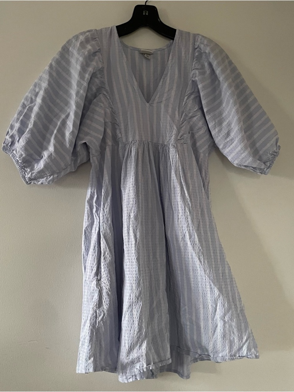 Cottagecore Light Blue White Striped Babydoll Mini Dress XS Puff Sleeve Coastal